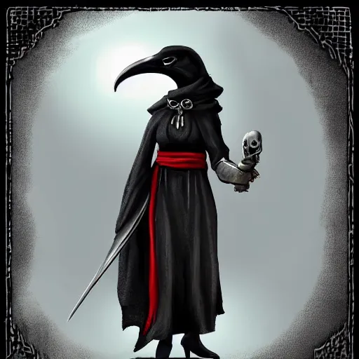 Prompt: female plague doctor donning a black hood, tight knightly armor and a white crow mask, trending on artstation