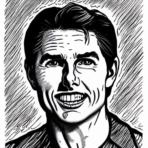 Image similar to a portrait drawing of Tom Cruise drawn by Robert Crumb