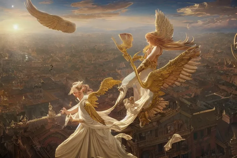 Image similar to a hyperrealistic render of an angelic band over rooftops in the baroque era, outdoor, art by Artgerm and Walter Crane and Seb Mckinnon and Greg Rutkowski and Alphonse Mucha, hearthstone art style, epic fantasty card game art, Beautiful dynamic dramatic moody lighting, shadows, cinematic, Octane, 8K