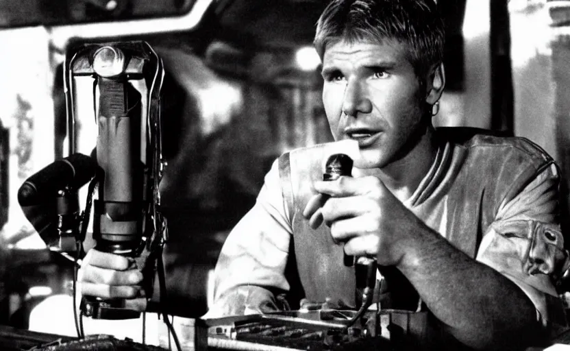 Image similar to young harrison ford as deckard from bladerunner doing standup comedy in a cyberpunk bar behind a mic