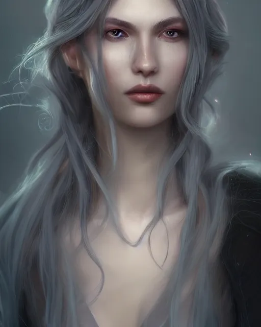 Prompt: portrait of a beautiful sorceress flowy grey hair, grey eyes, cinematic lighting, highly detailed, digital painting, trending on artstation, pixiv, concept art, sharp focus, illustration, art by ross tran and wlop