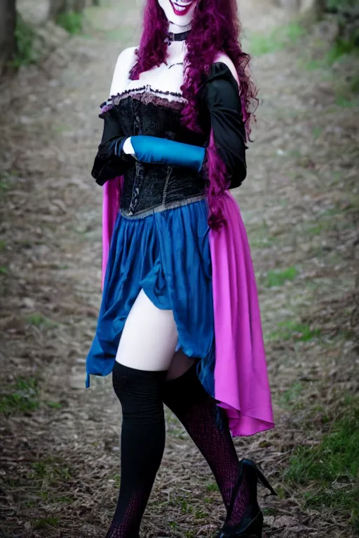 Prompt: full - length photo, young woman, gothic clothes, blue stockings, smiling at camera, 4 k, colourful