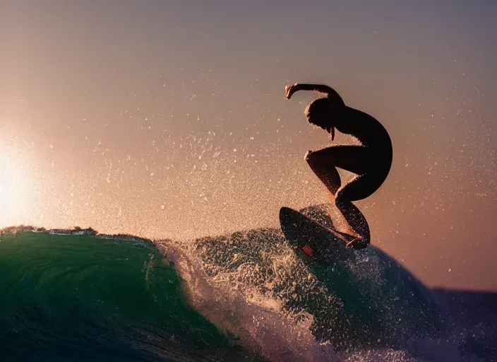 Prompt: a 2 8 mm macro photo of a surfer inside a curling wave, splash art, movie still, bokeh, canon 5 0 mm, cinematic lighting, dramatic, film, photography, golden hour, depth of field, award - winning, anamorphic lens flare, 8 k, hyper detailed, 3 5 mm film grain, hazy