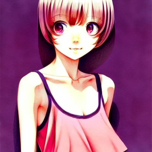 Prompt: richly detailed color  illustration of a dainty pretty young woman wearing a tank top, 'go-go' is the theme, very soft shadowing, smooth textures, large scale image. art by Range Murata.