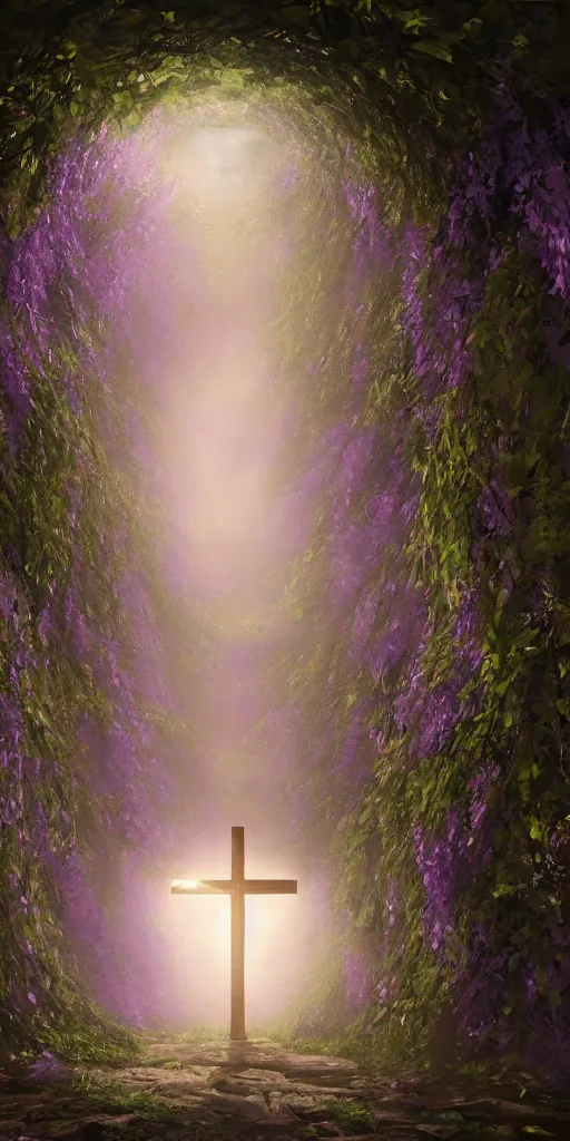 Image similar to a christian cross as the light at the end of the tunnel, with pale purple and pale pink lighting, with a few vines and overgrowth, studio ghibli, cinematic, realistic painting, high definition, digital art, symmetrical, very detailed, extremely high detail, photo realistic, concept art, unreal engine 5,