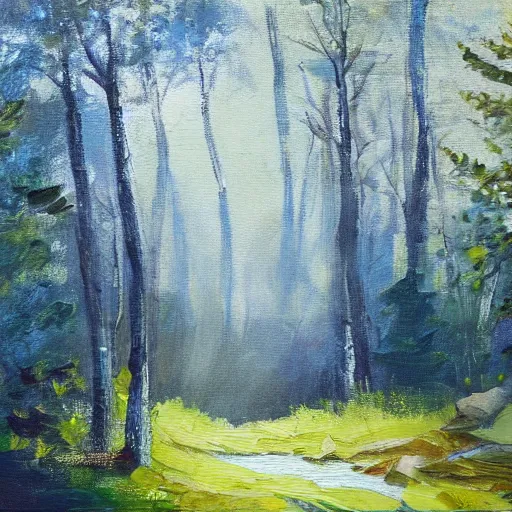 Prompt: an emotional painting of a morning in the woods by a creek with sun shining through the trees, oil painting