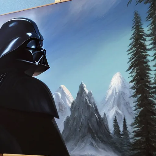 Image similar to a closeup photorealistic photograph of bob ross working on a canvas painting of darth vader. film still. brightly lit scene. mountains and trees. this 4 k hd image is trending on artstation, featured on behance, well - rendered, extra crisp, features intricate detail, epic composition and the style of unreal engine.