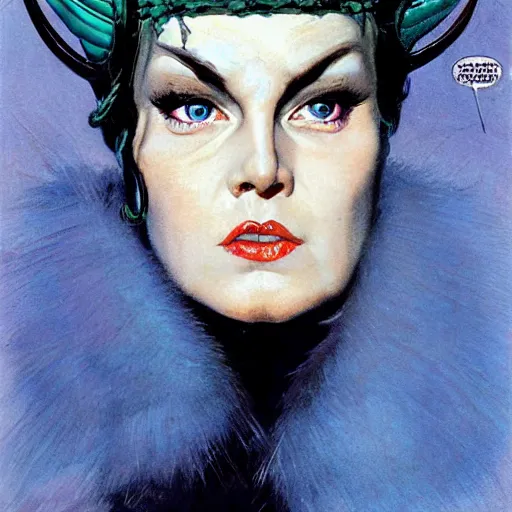 Prompt: Frontal portrait of a sneering bald woman with horns and icy blue eyes, by Robert McGinnis.