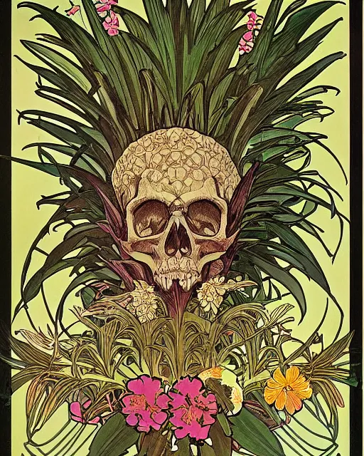 Prompt: Poster of an ancient skull with pineapple leaves growing out of the top art surrounded by varities of flowers, cell shading, by Alphonse Mucha, Moebius, hiroshi yoshida, Art Nouveau, colorful, ultradetailed, vivid colour, 3d