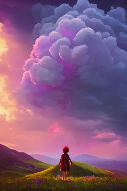 Image similar to closeup giant dahlia flower over the head, girl standing on mountain, surreal photography, blue storm clouds, dramatic light, impressionist painting, digital painting, artstation, simon stalenhag