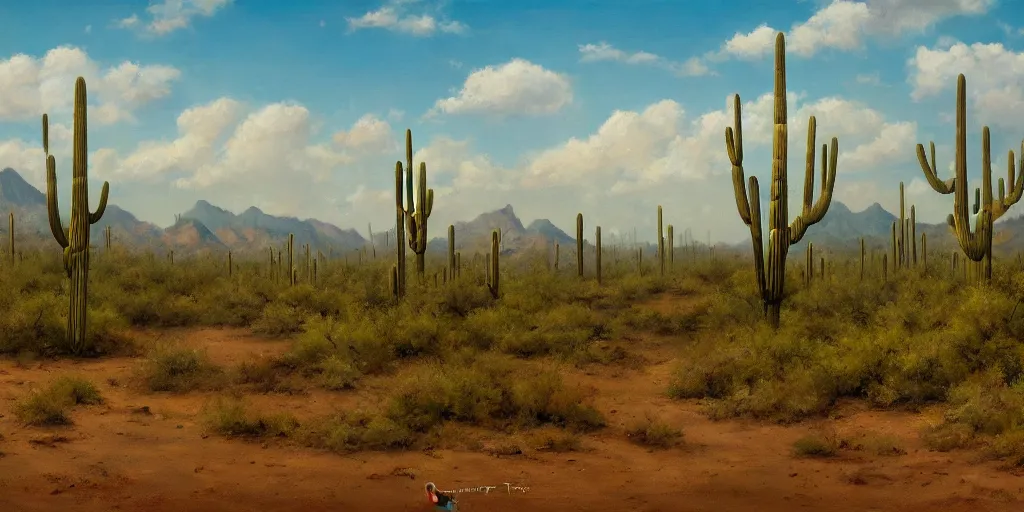 Image similar to a beautiful happy oil painting of the sonoran desert, green with lots of mesquite trees and bushes, beautiful cloudy deep blue sky, and earthy browns on ground, four creosote bushes, drawn by quentin mabille, geoffroy thoorens, trending on artstation