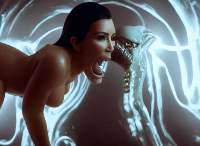 Image similar to film still of kim kardashian being ingested by an xenomorph, alien goo, transparent goo, transparent liquid, saliva, 8 k