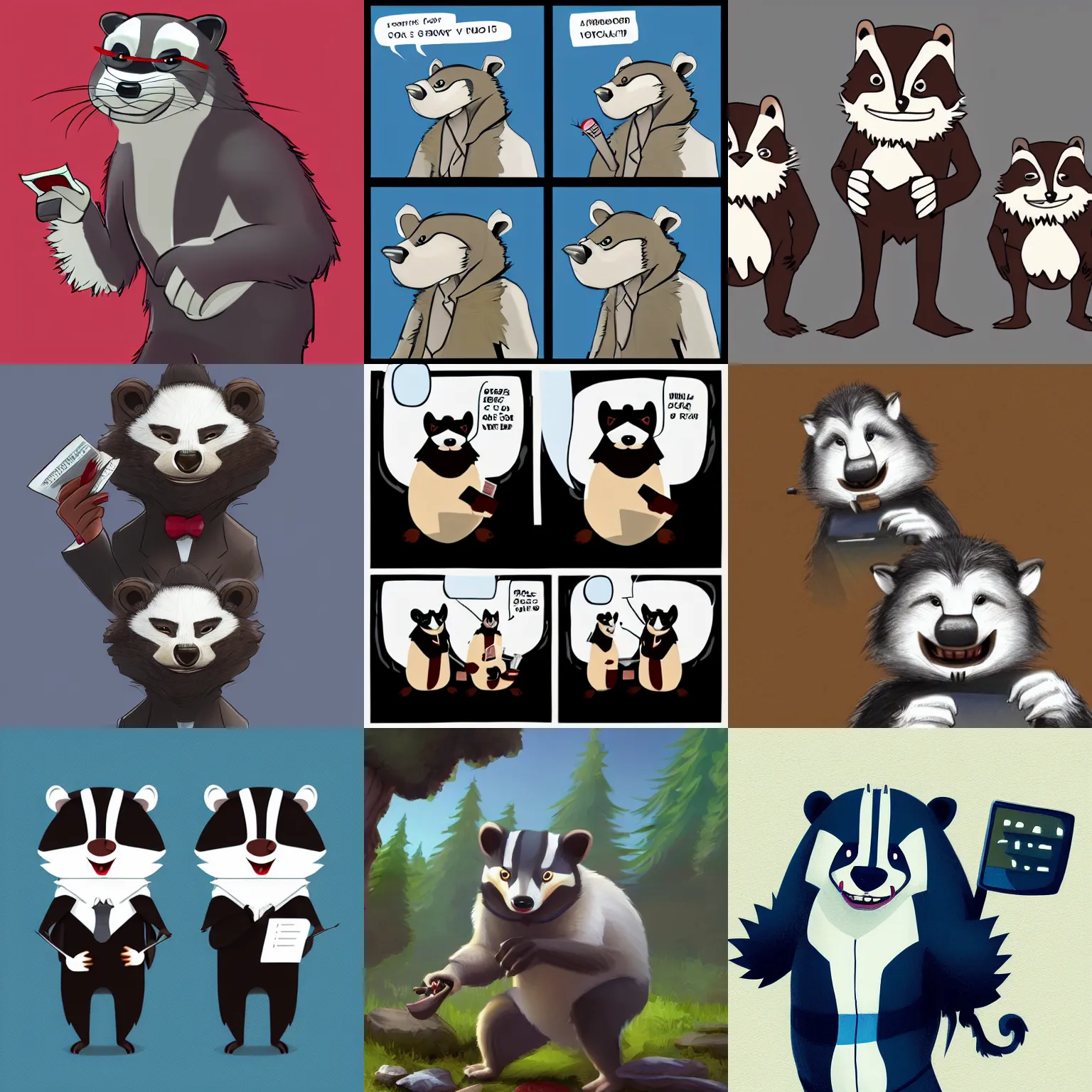 Prompt: anthropomorphic badgers doing taxes, furry art, furry badgers, artstation