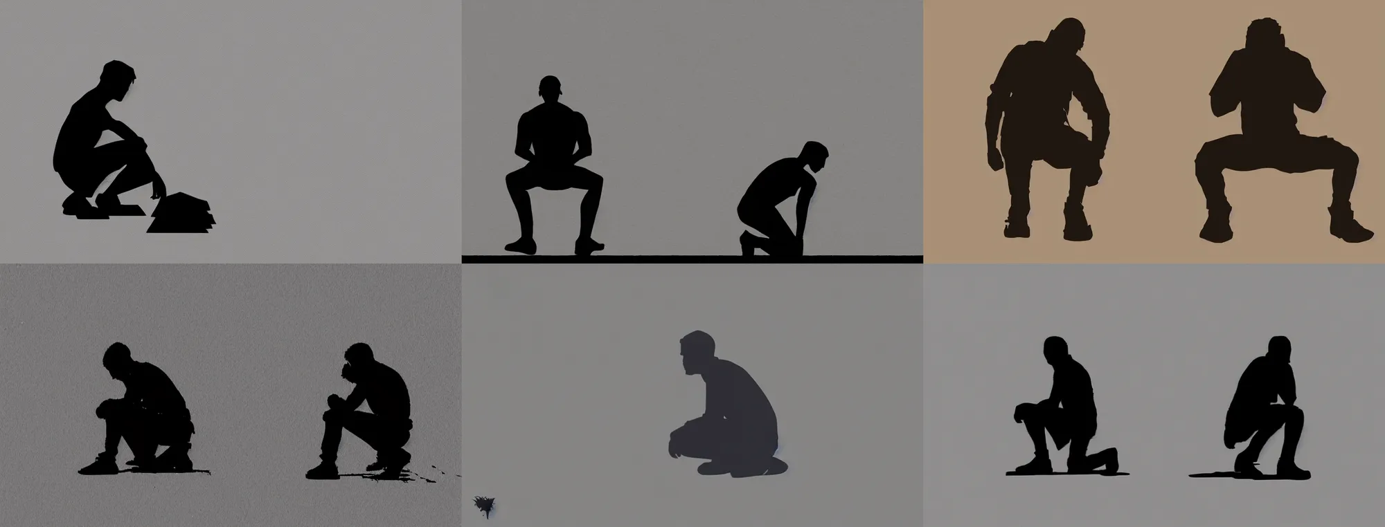 Prompt: silhouette of man crouching down, very wide angle, low angle, seen from behind, symmetry, artstation