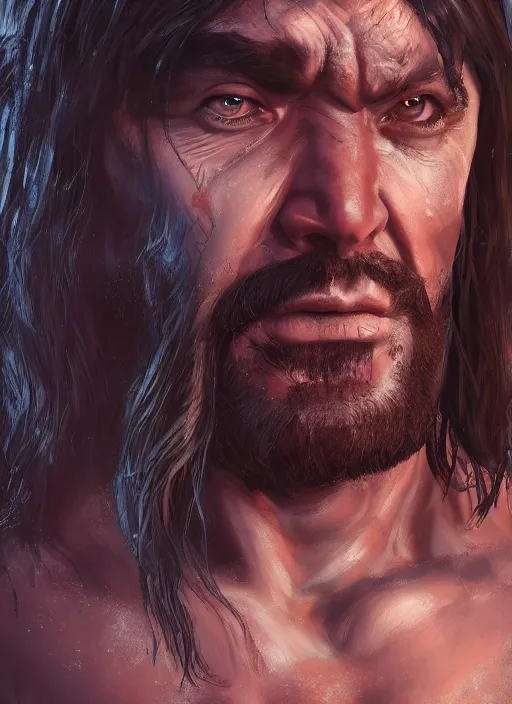 Prompt: comic book style portrait painting of conan the barbarian in a stunning fantasy setting, unreal 5, DAZ, hyperrealistic, octane render, dynamic lighting