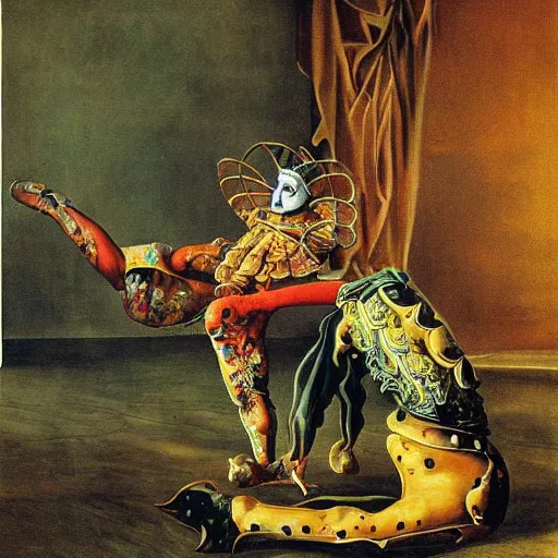 Prompt: a highly detailed painting of an elegant male dancer on flamingo legs by salvador dali and vadim stein, in a domed destroyed ballroom splattered with rot and decay by albrecht durer, dramatic lighting