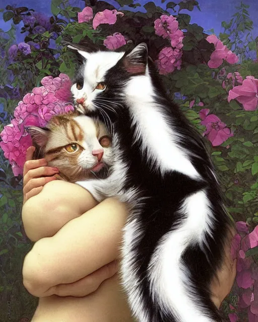 Prompt: medium - shot, two black with white stripes!! fur cats, cuddling, leaning, curling with each other, hugs, sleep together, cute, colourful flowers, cinematic lighting, highly detailed, digital art, oil painting, highly detailed, sharp focus, matte painting, renaissance painting, by kinkade, by alphonse mucha, by leyendecker, by vermeer,