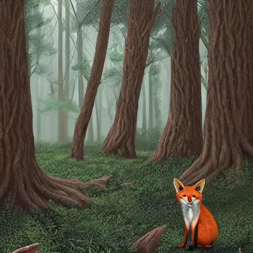 Image similar to a red fox and a ginger teen girl at dark forest where trees are huge, ultra realistic by ori toor and escher