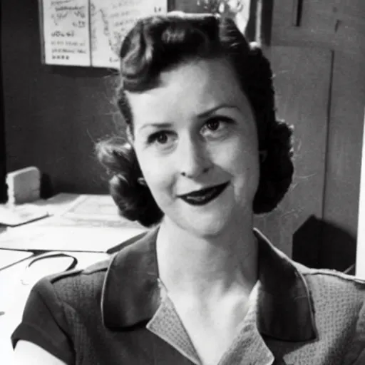 Image similar to Pam from the office, in WWII at her reception desk