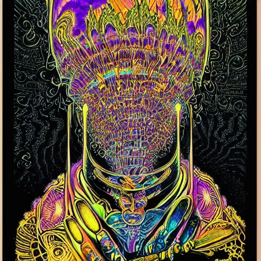 Prompt: LSD Wizard, by Frank Miller and James Gurney, Black paper with intricate and vibrant psychedelic line work, Tarot Card, Mandelbulb Fractal, Full of gold layers, Portrait, Trending on Artstation, Incredible violet and silver illustration, Exquisite detail