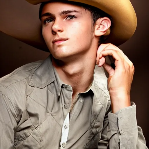 Prompt: a very handsome young man who is a cowboy