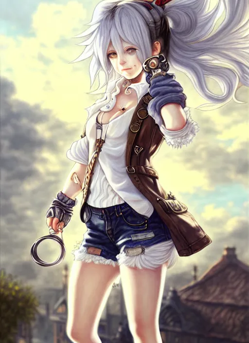 Prompt: a portrait of catgirl wearing white vest, and denim shorts an ultrafine detailed painting, detailed painting, beatyfull eyes, boris valejo. octopath traveler