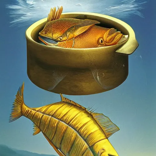 Image similar to a fish on the top of a pile of fish, inside a cooking pot, side view, by vladimir kush, dystopian aer, rococo