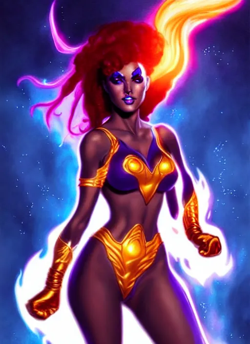 Image similar to front portrait hands behinds pose of attractive Starfire with wavy hair using white gloves, hands behind her pose!, Intricate overlay flames imagery , D&D!, fantasy style, sharp focus!, ultra detailed, art by Artgerm and Peter Andrew Jones, WLUP