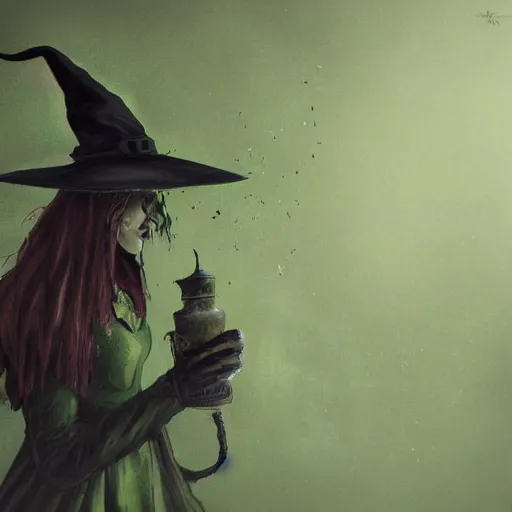 Image similar to close shot of a witch brewing in her lair, depressing, gloomy, tired, detailed, witch hat, dungeon, green smoke, fire, smoke, realism, realistic, hyper detailed, green lighting, ambient lighting, smoke, haze, bokeh, acrylic, digital painting,