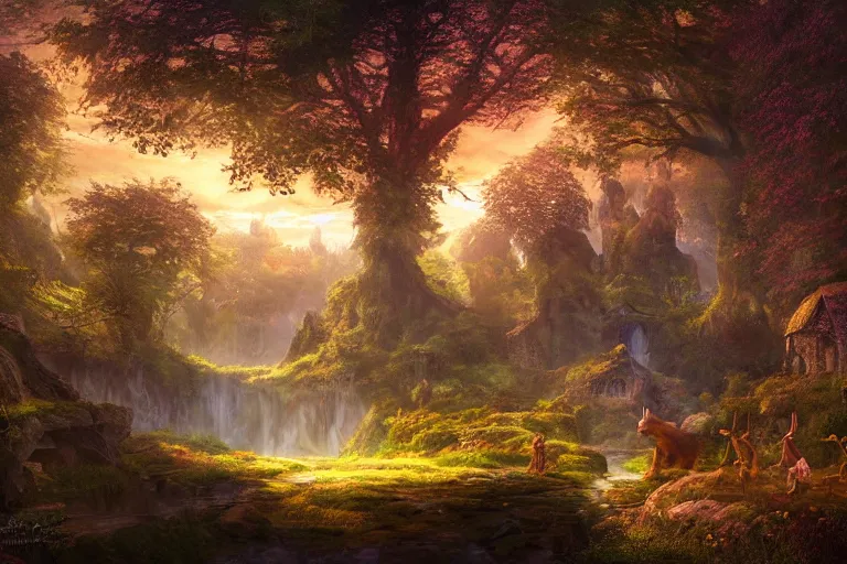 Image similar to fantasy painting, dungeons and dragons, celtic sylvan rivendell medieval village hovels with a stream in a forested valley, sunset with ominous shadows, a bunny by jessica rossier and brian froud cinematic painting