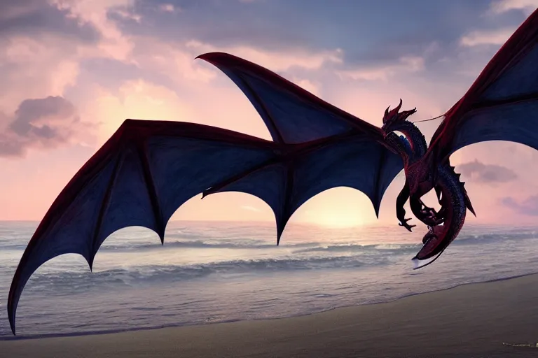 Prompt: beautiful occult dragon flying over the sunset on a beach, trending on Artstation, visually stunnnig, matte painting, award-winning