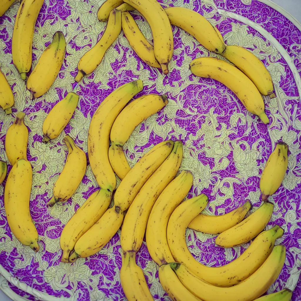 Image similar to fractal bananas, inside art nouveau embroidered plate with petal shape. closeup, hyper real, food photography, high quality