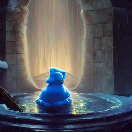 Image similar to papa smurf drinking from the fountain of knowledge in a midwinter night dream, dramatic lighting, cinematic, establishing shot, extremely high detail, photo realistic, cinematic lighting, post processed, concept art, artstation, matte painting, style by eddie mendoza, raphael lacoste, alex ross