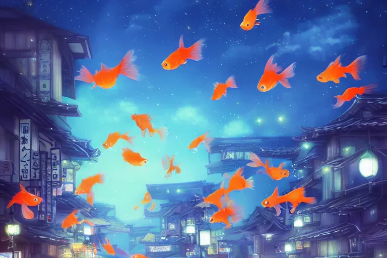 Prompt: fantasy art of a school of glowing goldfish swimming in the air, in the streets of a japanese town at night, with children outside watching in wonder, in the style of studio ghibli and makoto shinkai, highly detailed digital art, trending on artstation