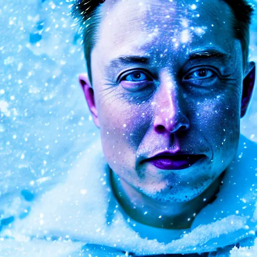 Image similar to Frozen Elon Musk covered in snow, blue, winter, grungy, unkept hair, glowing eyes, modelsociety, radiant skin, huge anime eyes, RTX on, perfect face, directed gaze, intricate, Sony a7R IV, symmetric balance, polarizing filter, Photolab, Lightroom, 4K, Dolby Vision, Photography Award