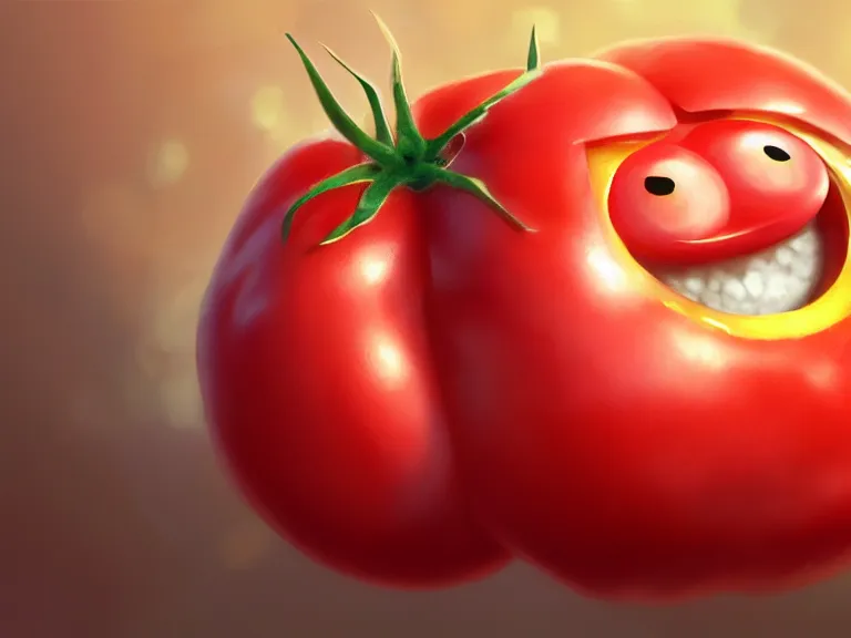 Image similar to a cute tomato with a smiley face, rule of thirds, ketchup gradient, league of legends splash art, by chengwei pan, huang guangjian, viktoria gavrilenko, artgerm, greg rutkowski, 8 k, octane, digital painting, artstation