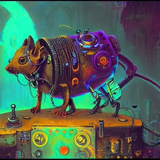 Image similar to steampunk rat, acid, 303, psychedelic, by paul lehr