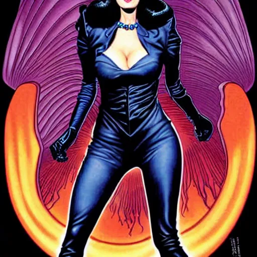 Image similar to Joe Jusko comic art, wide shot, stunning elegant female Eva Green, Indigo Magician, beautiful evil sneer, symmetrical face, symmetrical eyes, leather clothing and boots, long straight red hair, full body, Indigo occult pattern