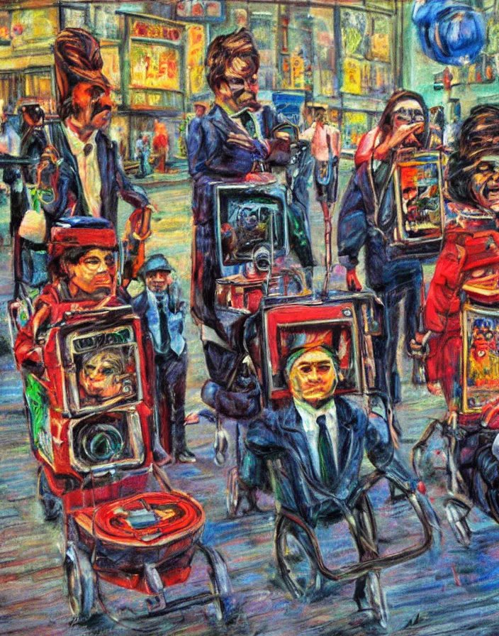 Image similar to 1970s midget street performers dressed in suits with cart tvs on their head, conteporary art show, photorealistic, expressionism, masterpiece, perfect composition, hyperrealistic, spectacular quality, intricate oil pastel glow, dynamic lighting, photorealistic, ambient lighting, atmospheric, stunning visuals, creative, cinematic, ultra detailed, trending on art station