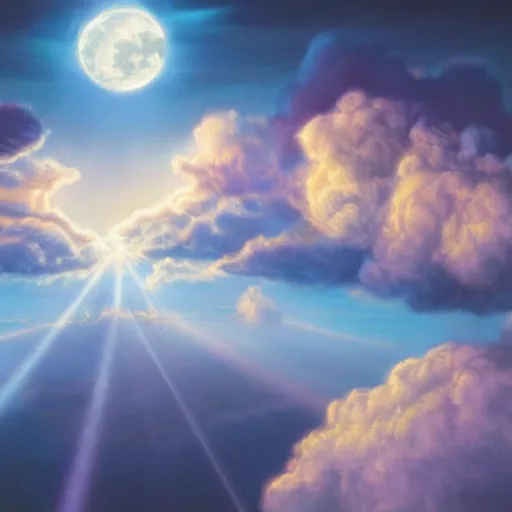 Image similar to wide shot falcor the luck dragon flying above clouds in the moonlight god rays hyperrealism