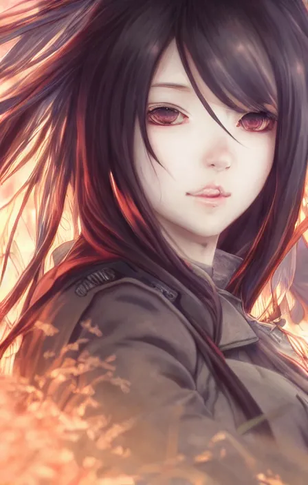 Prompt: infantry girl, anime style, long hair, hair down, symmetrical facial features, apocalypse, from girls frontline, hyper realistic, pale skin, 4 k, rule of thirds, extreme detail, detailed drawing, trending artstation, hd, war action, trading card, by alphonse mucha, greg rutkowski, sharp focus, backlit