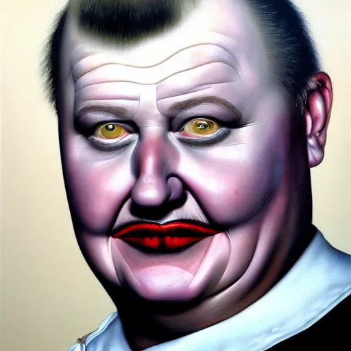 Prompt: a portrait of john wayne gacy, hyper realistic, octane render, by barlowe. masterpiece portrait painting. dark, moody,, abstract brush strokes,.