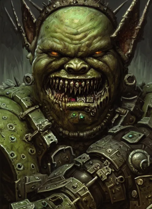 Image similar to portrait of a nurgle smiling, intricate, warhammer, warhammer 4 0 k, highly detailed, digital painting, concept art, sharp focus, illustration, muted colors, grim dark, moody, gloomy, art by john blanche, by pedro nunez, by jaime martinez, by nacho molina