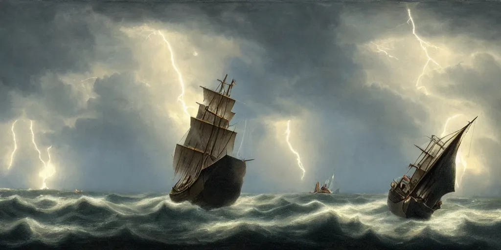 Image similar to a sail powered pirateship sailing through a powerful lighting storm, cliffs can be seen in the background, in the style of hudson river school, trending on art station, done in all blues