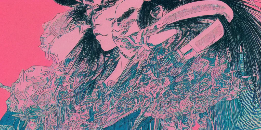 Image similar to a close - up grainy, risograph drawing, hyper light drigter, neon colors, a big porcelain glossy geisha head, with long hair, floating above the sharp peaks weapons, style by moebius and kim jung gi