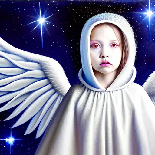 Image similar to beautiful high details hyper realistic painting of white angel in the hood coming from space with giant ball of miracle light from the chest!!!!!, 4 k hd face!!!, fashion cute face, no gender, giant silver holographic wings, by jan van eyck, holography space, white sparkles everywhere, thin strokes, high textures, silver background