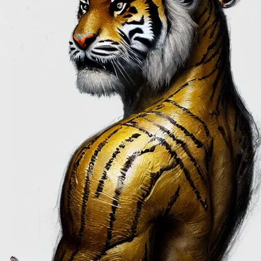 Image similar to a very high detailed tiger crossed with a muscular human body, wearing a very detailed golden kings crown, tattoo on shoulder, in a highly detailed jungle, full body, symmetric, Golden crown, crown on head, digital art, concept art, greg rutkowski, Nikolai Karelin, Hou China, trending artstation