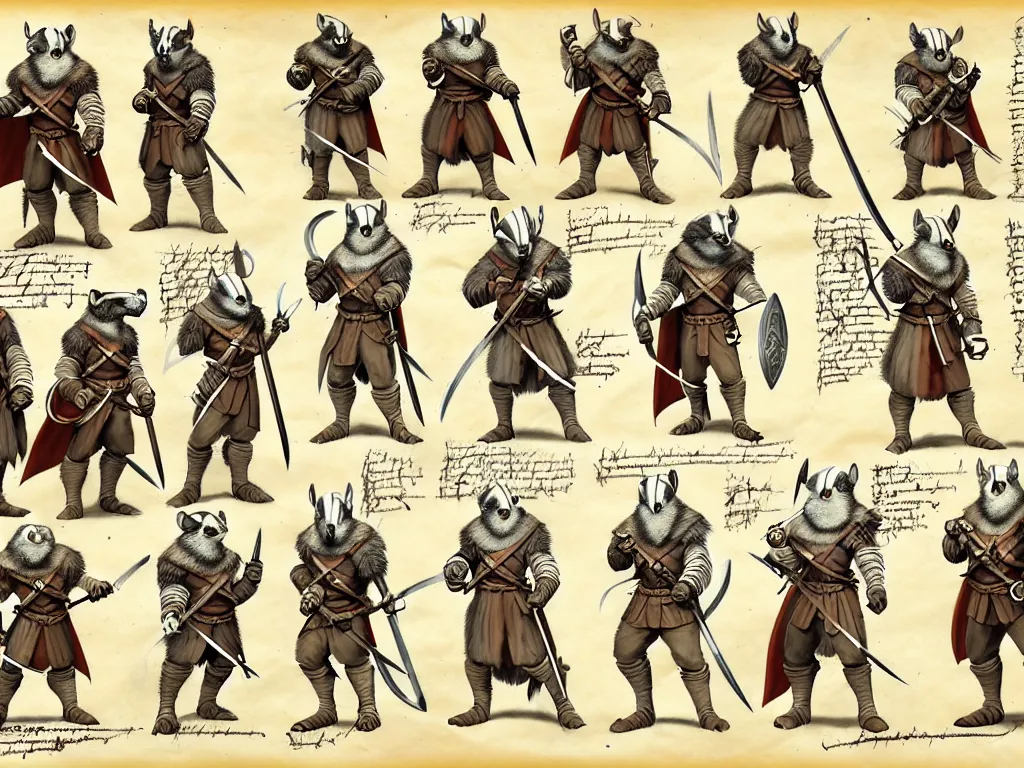 Image similar to character design sheet for a group of heroic badger knights on a parchment background, redwall, greg rutowski and jean baptiste monge, very very detailed, epic fantasy concept art