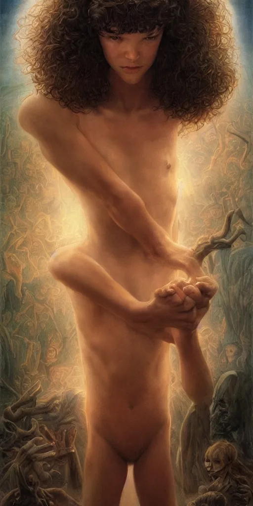 Image similar to epic masterpiece stranger things, beautiful face and flawless skin, perfect hands by Edgar Maxence and Ross Tran and Michael Whelan, Boris Vallejo, Luis Royo, Frank Frazetta, Brom, Lorenzo Sperlonga, Gred Rutkowsky