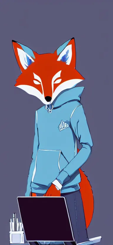 Prompt: a concept art of anthropomorphic fox in a blue hoodie hacking a portable computer, artstation, digital art, oc commission, style by studio gainax